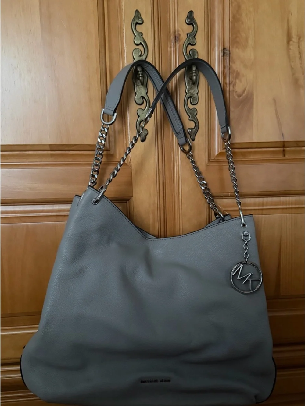 Michael Kors Slate Gray Pebbled Leather Shoulder Tote with Chain Straps - Picture 1 of 5